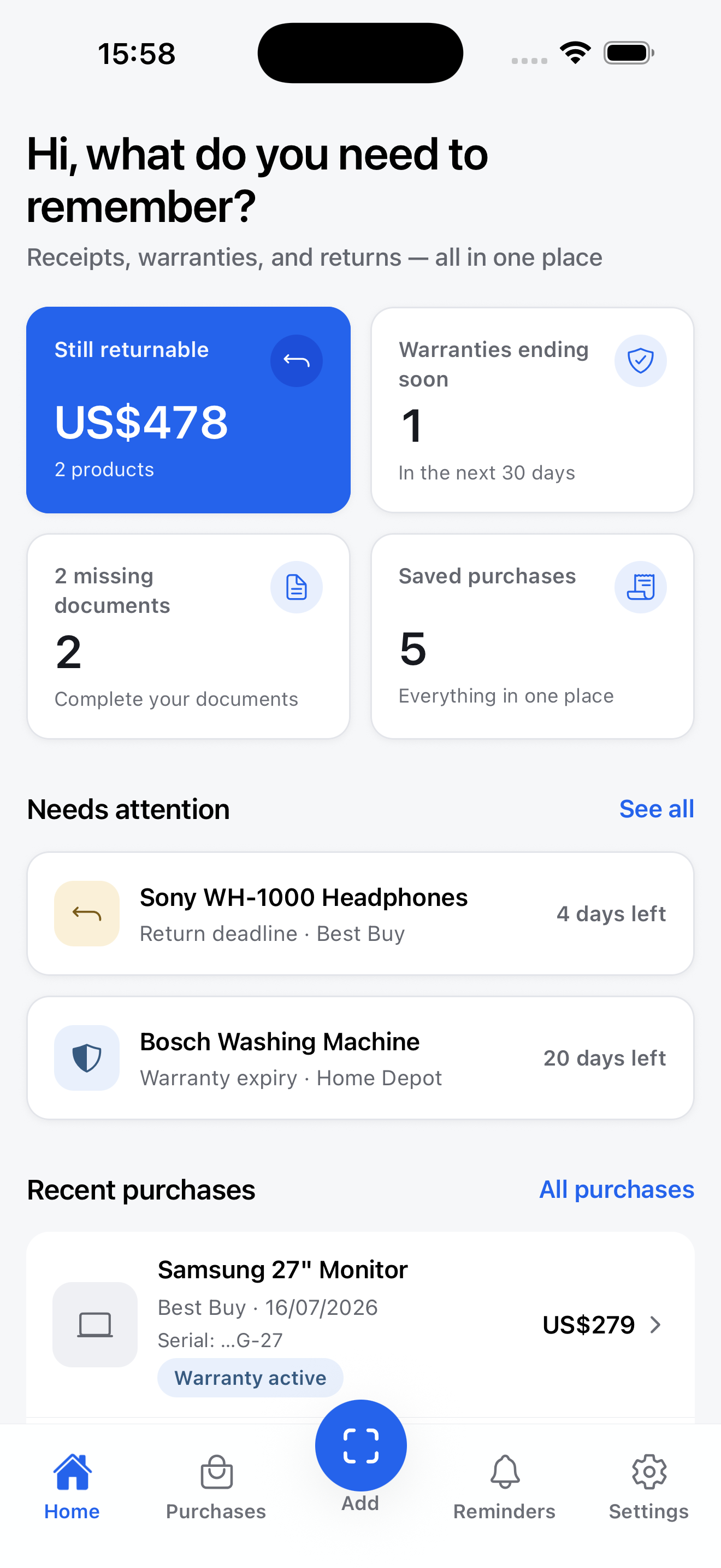PurchaseProof home screen in English showing return, warranty, document, and purchase reminders